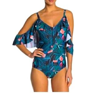 $120 Nicole Miller Swim Ruffled sexy Shoulder One Piece Swimsuit Large